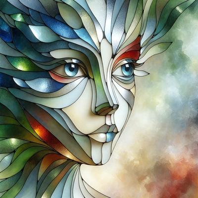 The primary subject of the image is a woman's face, which is the main focus of the image. The setting is a cloudy sky, and the visual style is a combination of digital art and illustration. The colors in the image are predominantly blue and yellow, creating a warm and inviting atmosphere.
